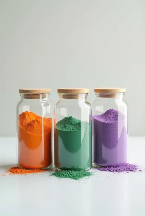 3 kitchen containers with powders one with orange powder,  one with green powder and the other with violet powder 