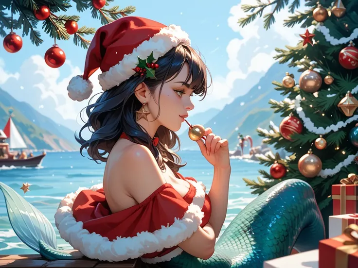 Make a mermaid with things from the Christmas season.  Put on a Christmas hat please. And leave it as a profile picture 