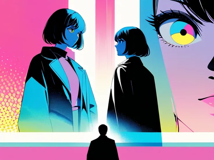 ((dramatic lighting, moody, high contrast, movie, film scene)),
((halftone, front lit, vibrant colors)),
pale colors,
pastel colors,
woman,
short hair,
bright,
((three friends talking))
(highly detailed beautiful woman), poster, sci-fi, 1960s, 1970s, bauha...