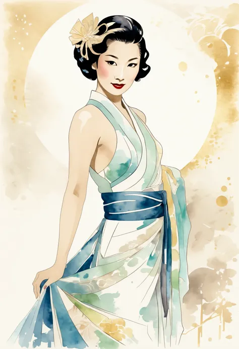 A beautiful 30-year-old Japanese woman depicted as a Showa-era movie star, painted in watercolor style. The composition follows the golden ratio, highlighting her elegance and glamour reminiscent of the golden age of Japanese cinema. Her pose and expressio...