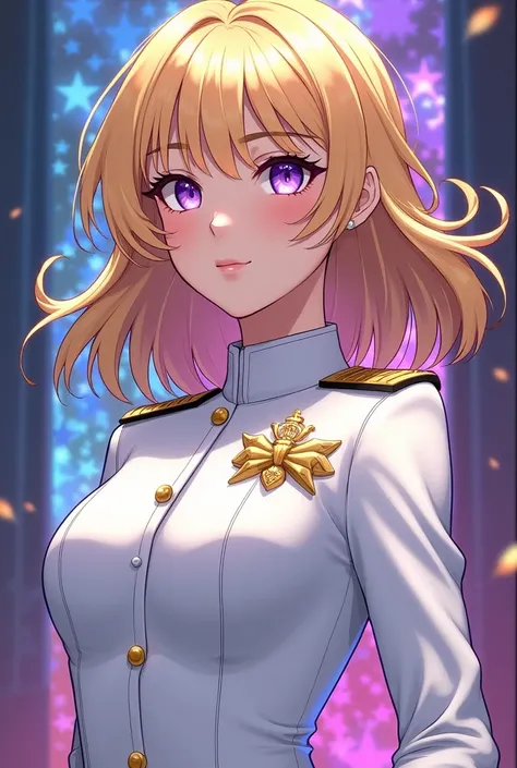 Blonde hair,  medium length hair ,   white uniform, Girl charm ,  tall girl , Purple eyes, comic book, Colonels rank