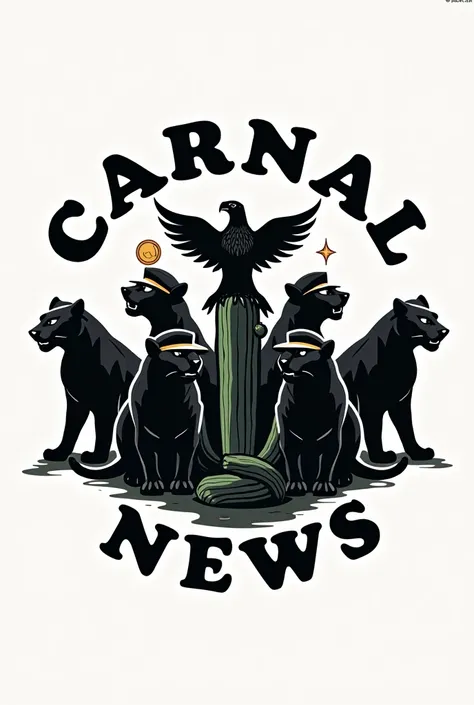  I want a logo for my business that has 5 panthers with flat caps that has behind it the Mexican eagle on top of the cactus eating the snake that has news written about carnal news ( What is black and white ) That they are in a circle with the name around ...