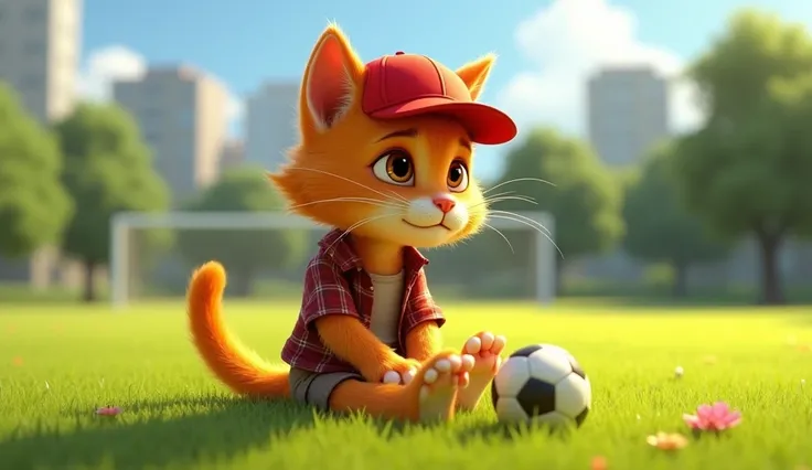 Nico, the anthropomorphic orange kitten with brown eyes, is sitting in the low grass of a soccer field in his city park. He wears his red cap, a plaid shirt, and brown shorts, keeping his human appearance consistent. Nico is sitting on the floor, holding h...