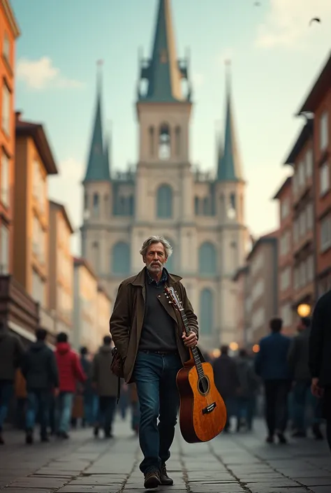 Man walking with a guitar in the middle of many people and a church in the background