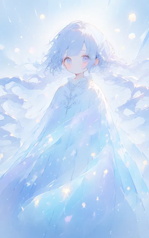 雲海を滑るボート
A pastel girl on a glowing boat sailing through a sea of clouds. Her hair flows like liquid light, adorned with tiny glowing stars. She wears a dress blending pastel blue and lavender, with translucent layers. Around her, glowing jellyfish-like cr...