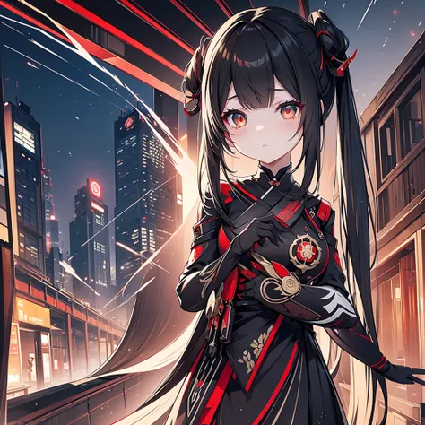  1 Japanese girl , warframe,  Intricate Pattern , heavy metal,  Energy Line , Faceless, Sparkling Eyes,  elegant , intense,  blood-red black uniform, Alone, 【Contemporary, city, That&#39;s right., Dark Clouds,  Thunderstorm , Heavy Rain,,  dramatic lightin...