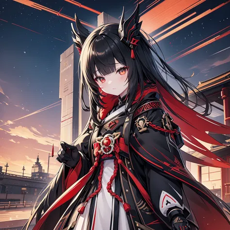  1 Japanese girl , warframe,  Intricate Pattern , heavy metal,  Energy Line , Faceless, Sparkling Eyes,  elegant , intense,  blood-red black uniform, Alone, 【Contemporary, city, That&#39;s right., Dark Clouds,  Thunderstorm , Heavy Rain,,  dramatic lightin...