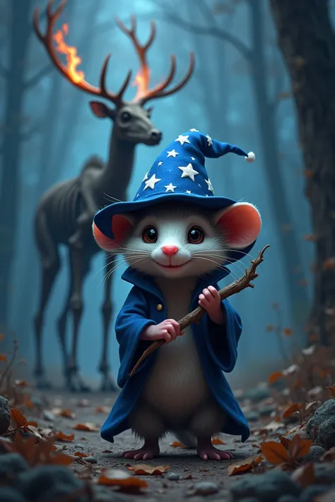 I want an image of a possum that has a blue wizards hat and that the pattern is stars, which have a slight bright touch, the stars have to be white and that in the background there is an elk, whatever is skeleton and whose antlers have a slight amount of f...