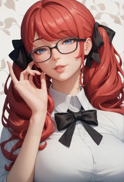 .Glasses、 Bright Red Hair 、 blue eyes、 twin tails、Hair between the eyebrows、  straight hair 、 Short Bang 、 white shirt、 white shirt、 black bow tie 、Big Breasts、  Super Fine Illustration ,((( beautiful thin hair ))),((( beautiful face))),((( beautiful fine ...