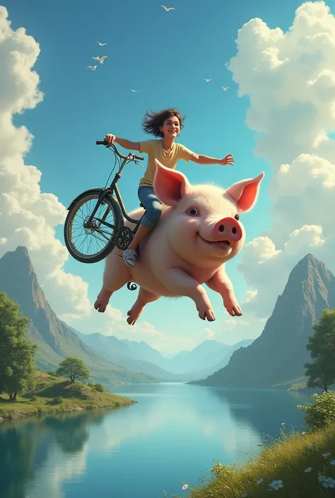 Person flying on the sky with sitting on the pig carrying bike in his hand
Inthe side of lake