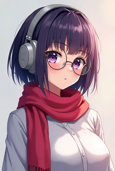 Anime girl with dark purple hair , round glasses,  white shirt, red scarf and earphones Y2K gray headphones