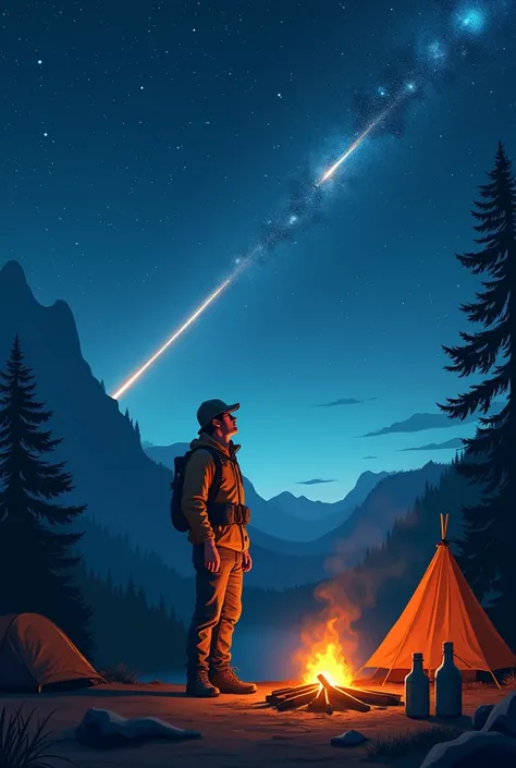 • He saw a shooting star and made a wish, a man camping