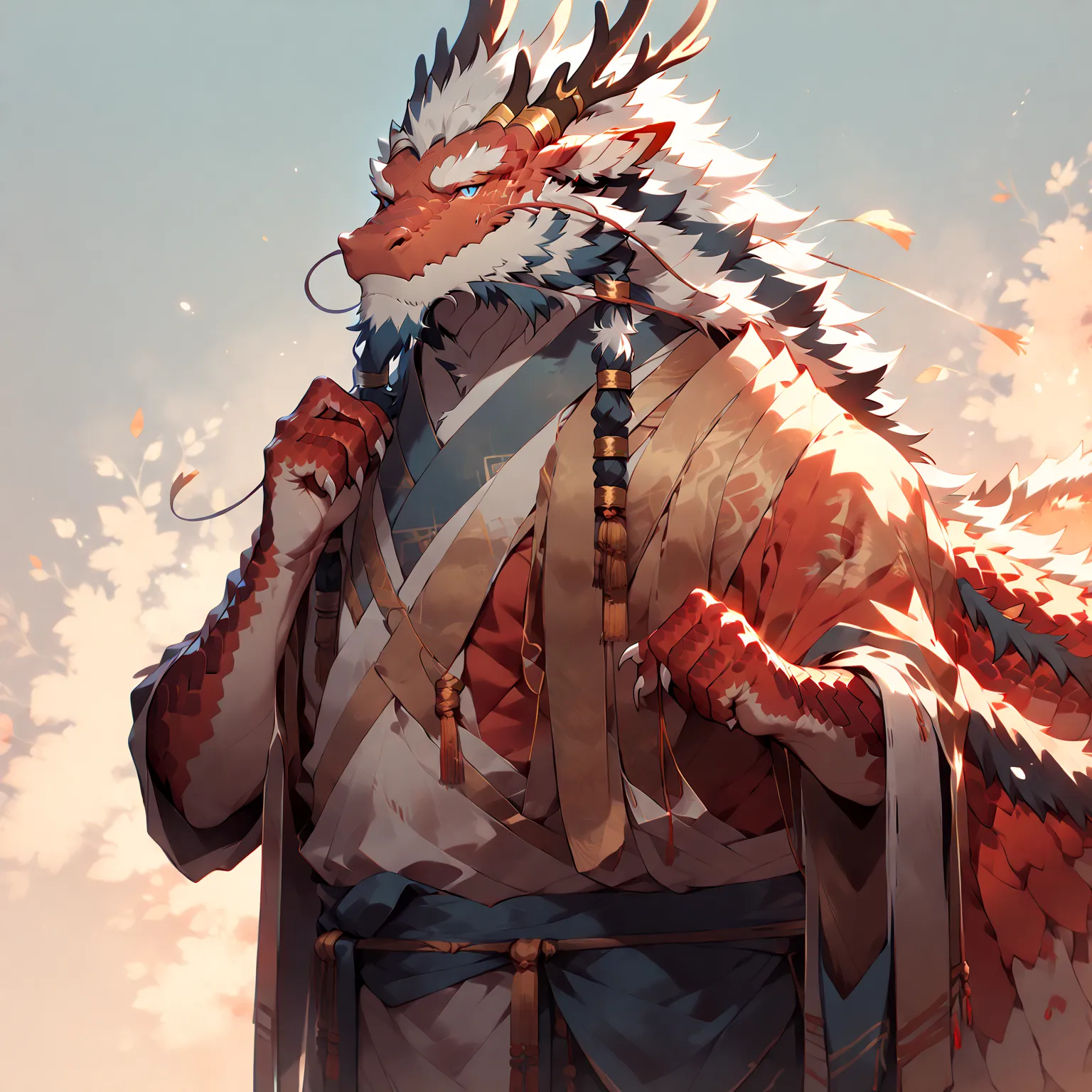 # main character: (eastern dragon furry:1.8), muscular mature male, masterpiece, (full body portrait:1.4)

dragon features: (red...