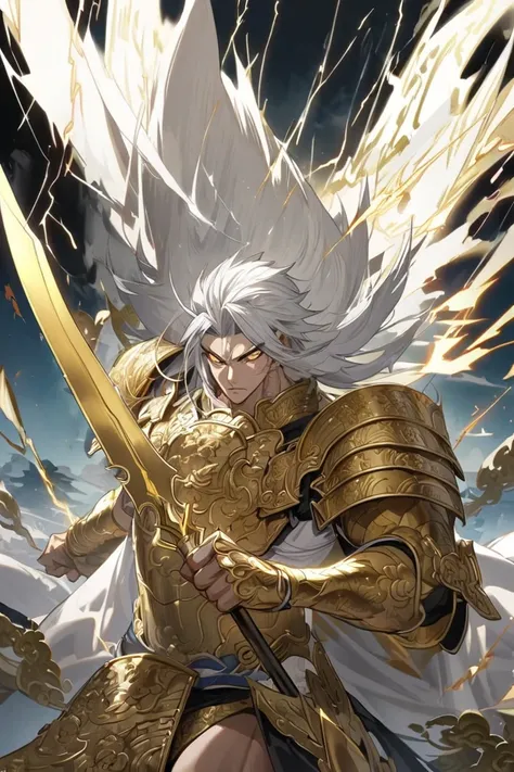 DIOS, man, high, strong, beautiful,  long silver hair,golden Chinese armor ,  golden eyes ,  curved blade spear , Lightning power .