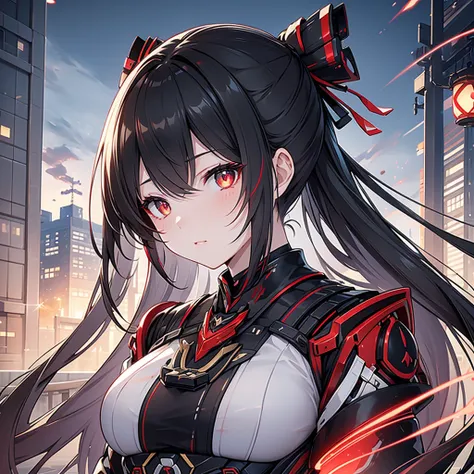  1 Japanese girl , warframe,  Intricate Pattern , heavy metal,  Energy Line , Faceless, Sparkling Eyes,  elegant , intense,  blood-red black uniform, Alone, 【Contemporary, city, That&#39;s right., Dark Clouds,  Thunderstorm , Heavy Rain,,  dramatic lightin...