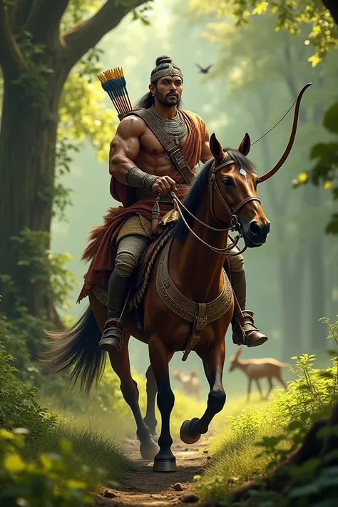 A Very Clear Ultra HD dynamic image off The muscular Indian king Ratnasen is dressed in hunting gear, carrying a bow and a quiver full of arrows, riding a brown horse. The horse moves slowly and they are in a dense, green forest, with sunlight streaming in...