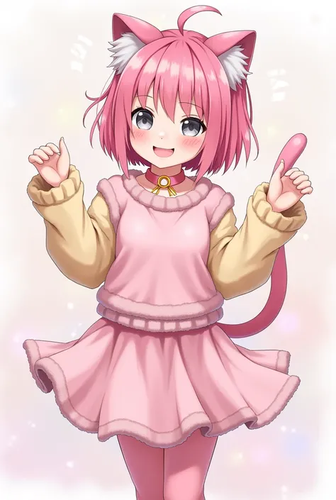 Female character with short pink hair gray eyes pink plush shirt pink skirt pink long stockings pink and light yellow arm warmers pink cat collar 