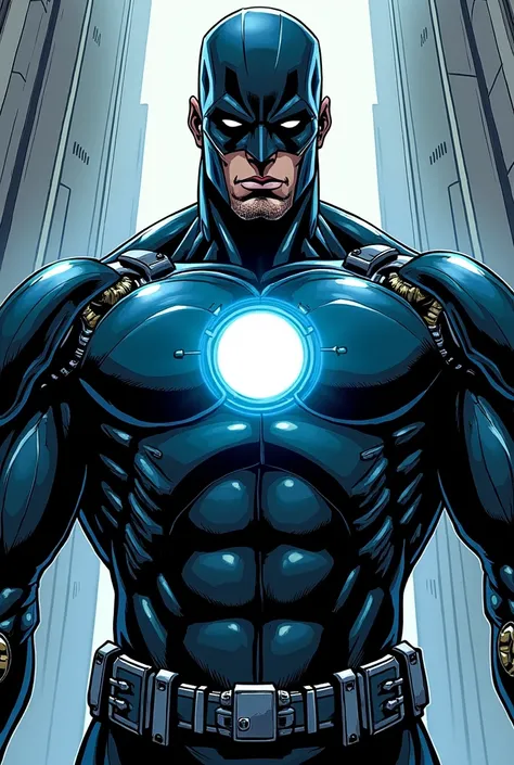 Mechanical Black Adam with arc reactor on the chest in manga image.