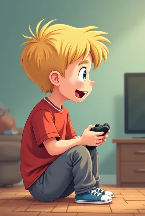 Tall boy with straight blond hair wearing grey pants and a red shirt with a white stripe, playing a video game, cartoon illustration, rens book illustration , cartoon style illustration ,  digital illustration,  flat illustration , big view