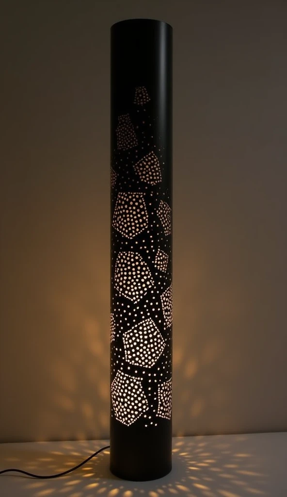 floor lamp in the shape of a black tube illuminated inside    ,   It has perforations so that you can see the light inside the designs are of sea waves and hexagons   