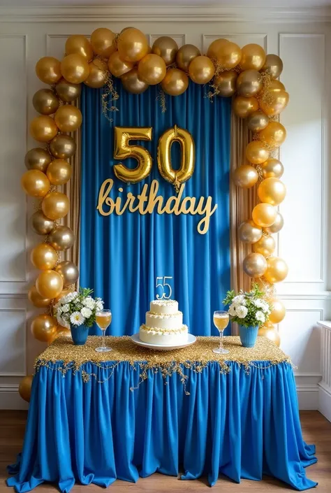  Create a simple blue and gold 50th birthday decoration that is simple and easy to recreate using TNT, crepe paper ,  and Carmen paper  ( on the panel wall add a TNT curtain ). Add to the stage a simple party table covered with tnt and elegant 