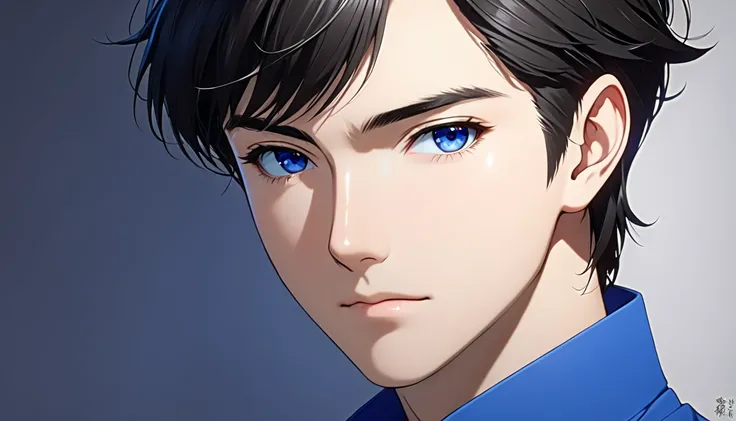 Portrait of a dark-haired person wearing a blue shirt, ( ( ( Yoshinari ) ) ), Profile photo 1024px, sakimichan, Also,  Anime Handsome Man ,   Miura Kentaro Style  ,  male anime character, Yoshinari, fukaya yuichiro, Live2D Virtual YouTuber Model, Young Ani...