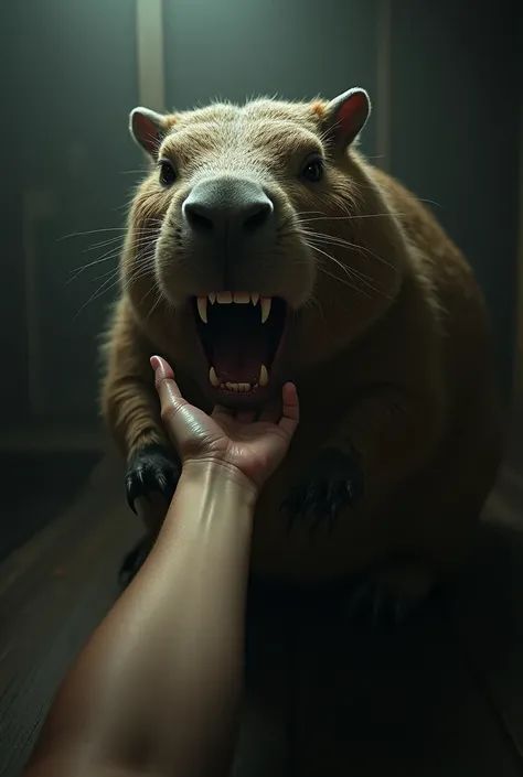 A rectangular cappybara bites a persons hand in a dark room。Cappybaras dont need to be small, just small, but they need to be cappybar-themed