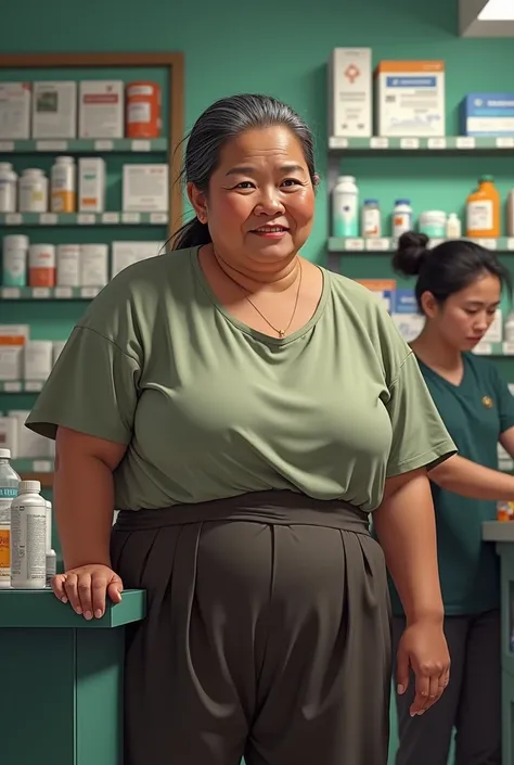 a fat woman ,  standing at the pharmacy buying medicine, Vietnamese