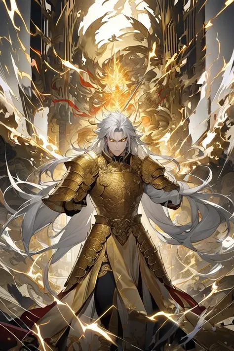 DIOS, man, high, strong, beautiful,  long silver hair,golden Chinese armor ,  golden eyes ,  curved blade spear , Power of Lightning and Fire .