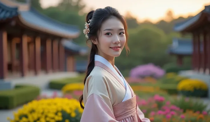 " A beautiful full-bodied South Korean woman , dressed in a traditional hanbok,  consisting of a long skirt and a jacket with soft colors and delicate details. She is standing in a well-kept Korean garden ,  with colorful flowers and traditional architectu...