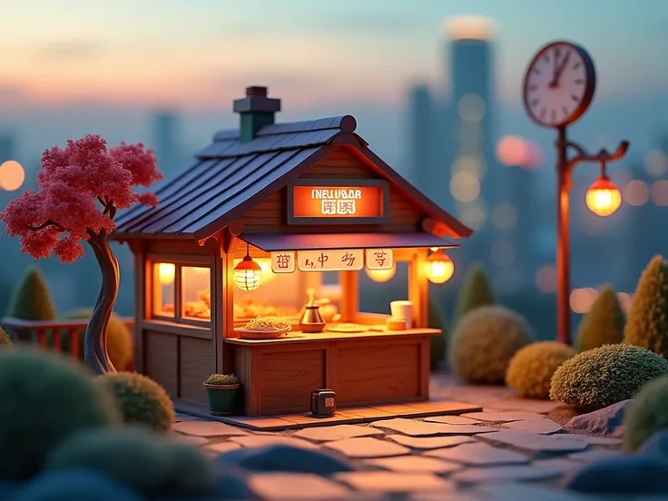 photography set，Miniature Landscape，8K Ultra HD，No living things，C4D、 plushie photography ，Big stall stalls，Delicious noodles，Blurred city background，Dusk，Lovely artwork、Promotional rendering、cute digital painting 、 stylized for 3d rendering、