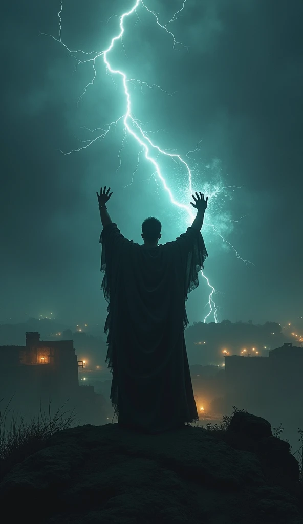 Create an image of a powerful, dark sorcerer standing over the Bhangarh Fort, raising his hands towards the sky, casting a curse. The sky should be filled with dark lightning, and a sinister glow should be emanating from the sorcerers hands, showing the cu...