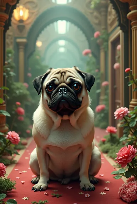 A pug in surrealism at a dog hotel 