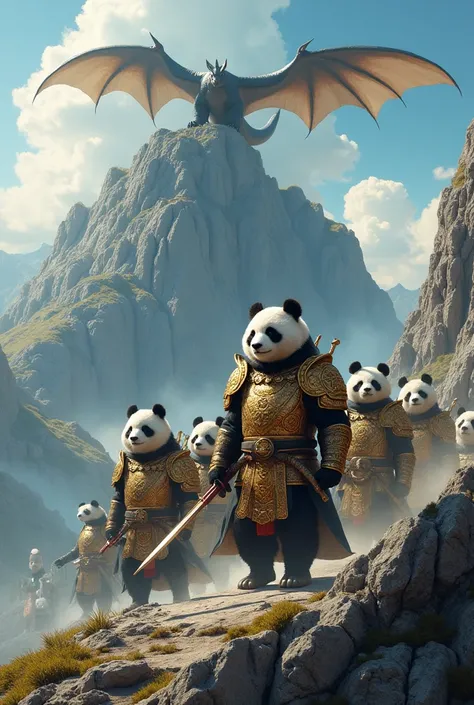  Panda leads with his panda soldiers and with the golden armor, trueno, Black dragon, standing on top of the mountain ,  awesome, very realistic,  masterpiece, Higher quality,  High level of detail,  ultra high resolution , 8K