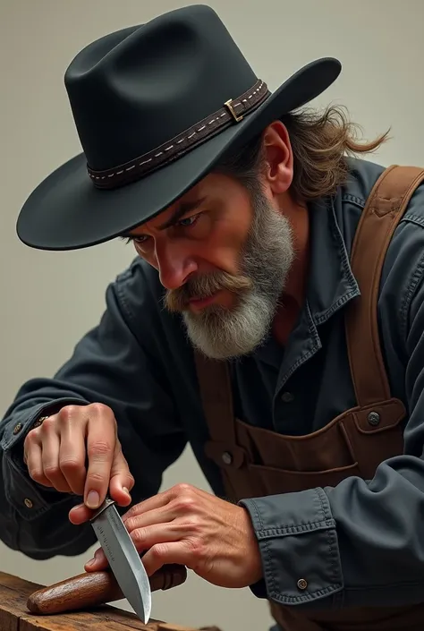 MEDIUM SHOT, man in a black hat cutting a handle with a knife