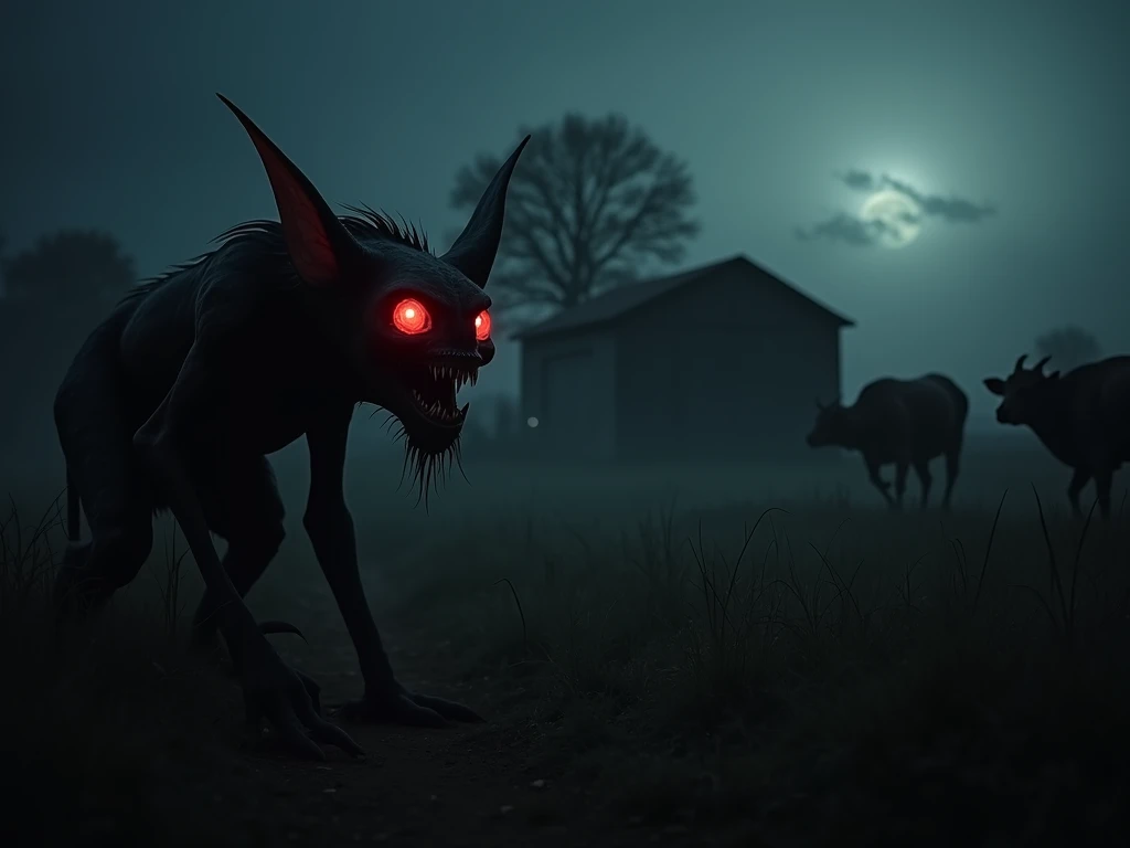 A mysterious creature resembling an alien, with glowing red eyes and sharp teeth. The Chupacabras is hiding in the shadows near a dark, rural farm, its silhouette barely visible as it creeps closer to livestock. The creatures form is unsettling, with bat-l...