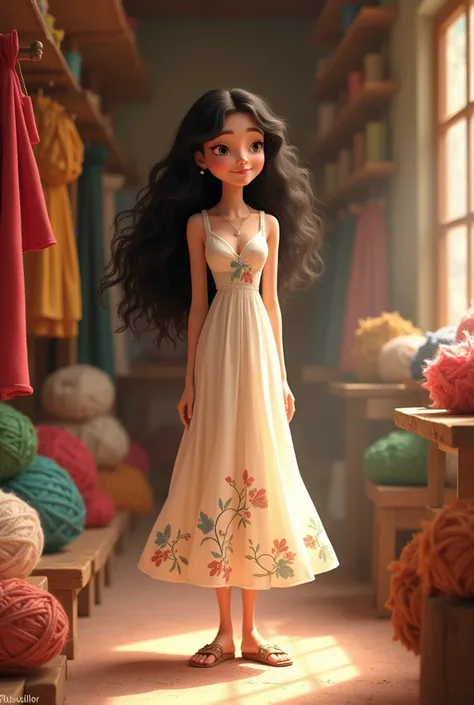  Pixar style, Women, tender,  white skin , cachetona, She has long curly black hair ,  is wearing a white dress with flowers, Shes wearing beautiful sandals shes standing, in a wool store and smiling 