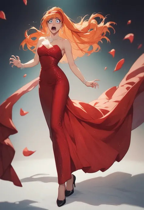 Tame Henxendo, woman, , blue eyes, orange hair, long hair, fringe hair, red dress, dress elegant, dress formal, long dress, long dress with cut, black heels, red hairband, scared, scary