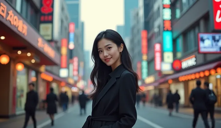 " A beautiful full-bodied South Korean woman , dressed in modern and elegant clothes,  like a contemporary dress and heel shoes . She stands on a busy Seoul street ,  with skyscrapers and luminous signs in the background ,  in addition to hurrying pedestri...