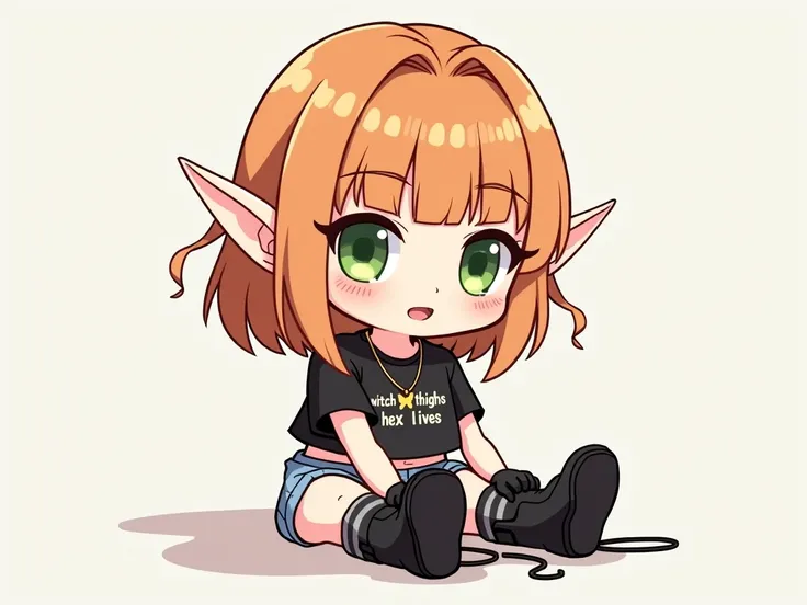  create a 2D image of a V-tuber girl, chibi anime, elf ears,  with medium hair that reaches up to the shoulder, very light orange hair color , Classic fringe, white pele,  two strands on top of the hair , light green eyes, very light freckles under the nos...