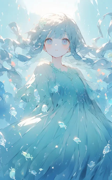 水中のパステルガール
A pastel girl swimming gracefully in a glowing underwater world. Her hair flows like seaweed, adorned with tiny bioluminescent fish. She wears a dress resembling pastel coral, and glowing jellyfish float lazily around her in the dreamy blue wate...