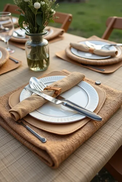  A woven tablecloth with integrated compartments for cutlery ,  napkins and small containers .  It is compact ,  lightweight and easy to carry .
Materials:
Tissue: Fique ,  jute or braided bamboo for the tablecloth .
 Reinforcements :  Waxed yarn or ecolog...