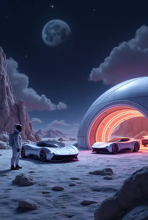  a purple vehicle store on the Moon and an astronaut as a car salesman  , Background the Black and Purple Universe 