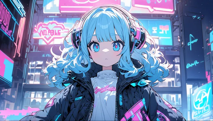  best quality, girl,Light blue hair, headphones,City Pop,cute, neon light,Buildings