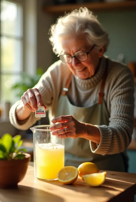 Realistic older adult preparing a healthy lemonade with stevia 