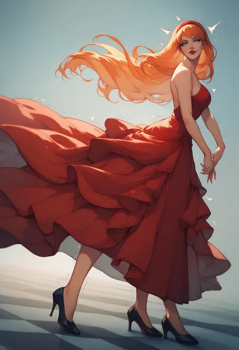 Tame Henxendo, woman, , blue eyes, orange hair, long hair, fringe hair, red dress, dress elegant, dress formal, long dress, long dress with cut, black heels, red hairband, red lips, trembling with fears