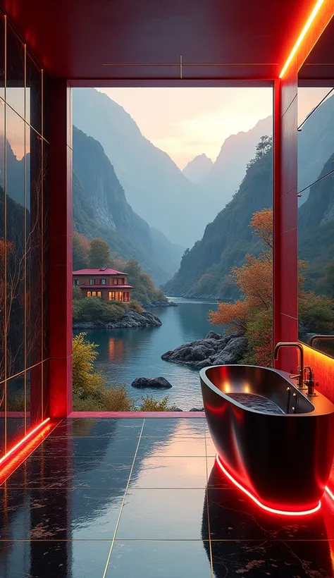 a small village by the river, mountains in the background, floral flowers colorful, detailed landscape, Beautiful natural landscapes, atmospheAn ultra-modern, jaw-dropping bathroom inspired by Iron Mans iconic red and gold color scheme. The bathroom featur...