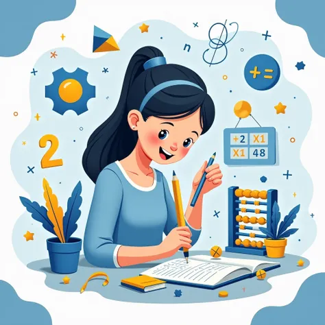 A professional advertisement for a mathematics course tailored for young ren. Sleek and polished design with a harmonious color scheme of blue, yellow, and white, symbolizing trust, creativity, and learning. Incorporate clean and modern illustrations of ma...