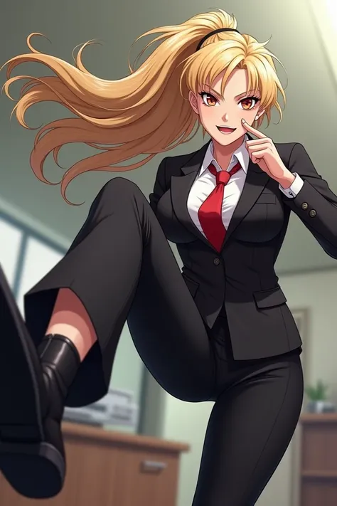 Imagine a sexy blonde female legal technician who wears a white shirt, red tie, black formal suit, kicking a low-ranking secretary with her black booties in the face who flies out in anime style.!!!