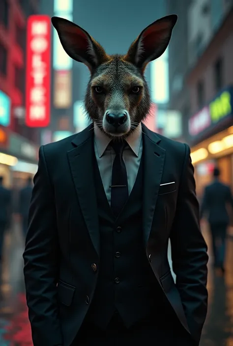 Images from the John Wick movie but with the face of a kangaroo